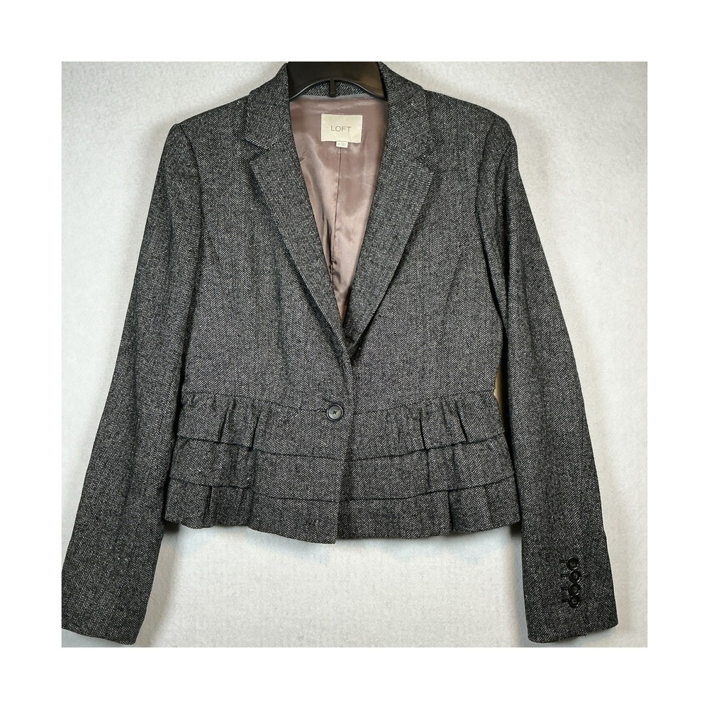 Ann Taylor LOFT Herringbone Wool‎ Blend Ruffle Hem Blazer Jacket Grey Womens 6 - Picture 2 of 9